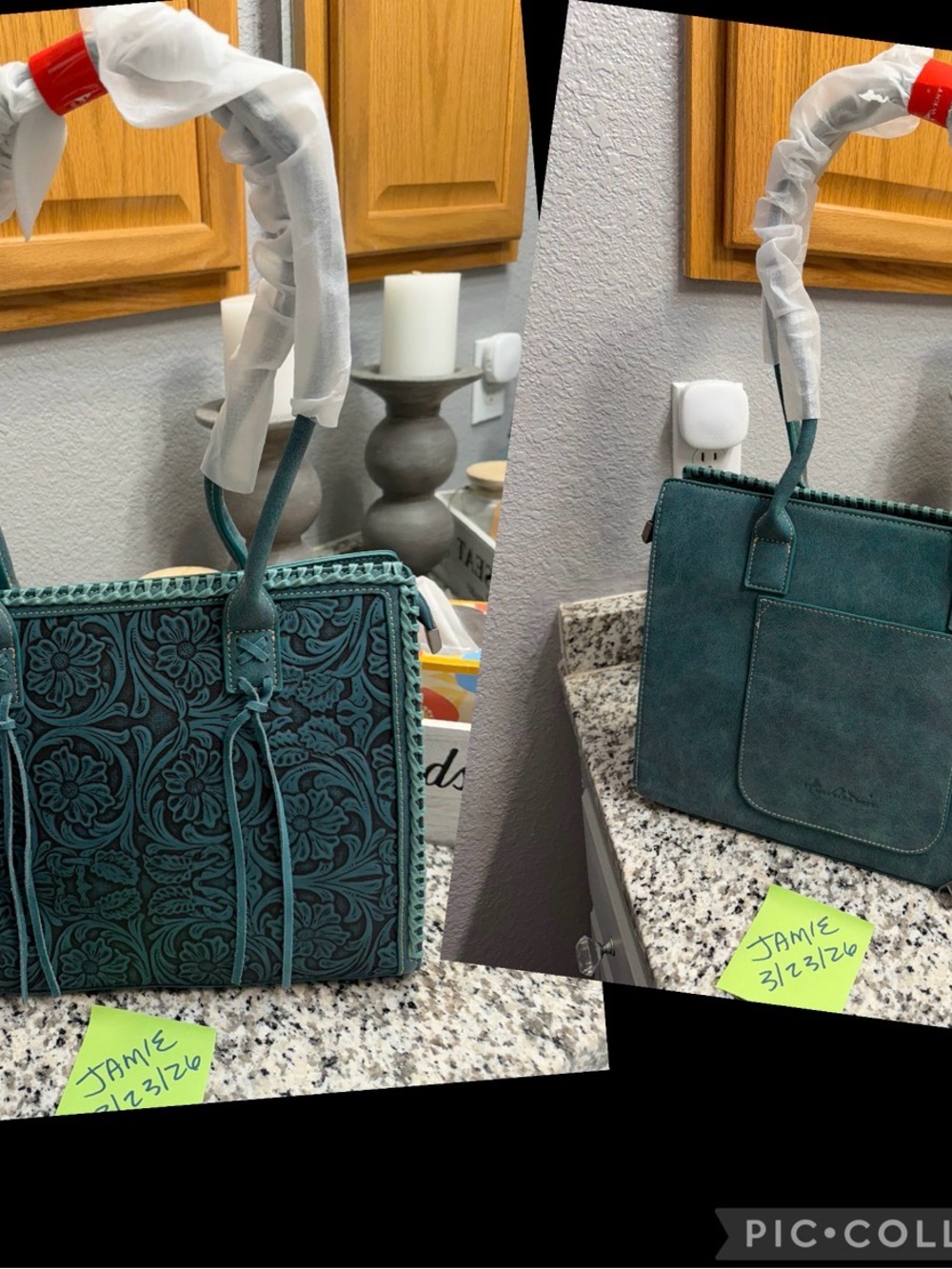 Teal Floral Tooled Leather Tote Bag - Women